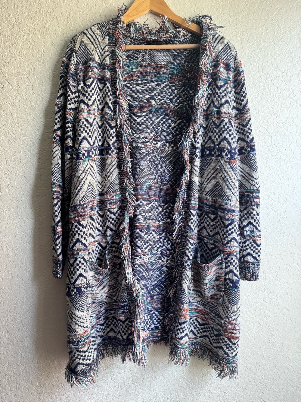 Signature Studio 3X Boho Aztec Cardigan Fringe Open Front Southwestern